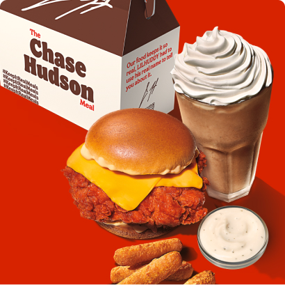 The Chase Hudson Meal. A Spicy Ch'King sandwich with mozarella sticks and a chocolate shake.