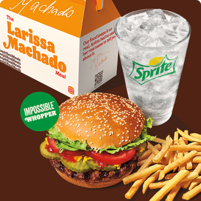 The Larissa Machado Meal. An Impossible Whopper with onion rings and a Sprite.